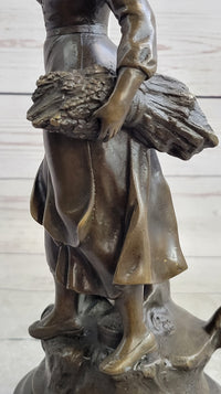 Peasant Farmer Girl w/ Rake & Harvest Bronze Sculpture 12" x 6"