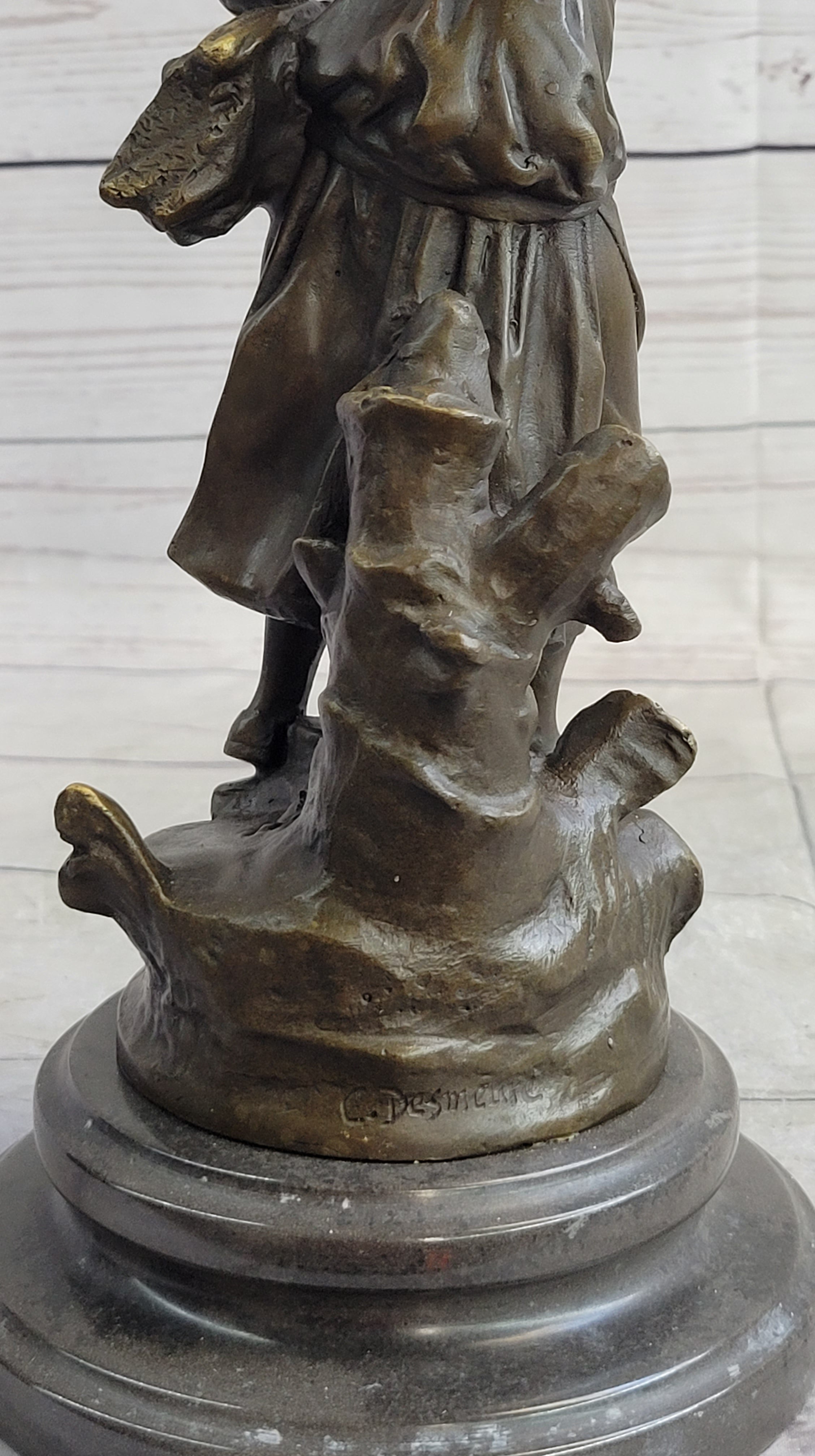 Peasant Farmer Girl w/ Rake & Harvest Bronze Sculpture 12" x 6"