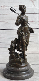 Peasant Farmer Girl w/ Rake & Harvest Bronze Sculpture 12" x 6"