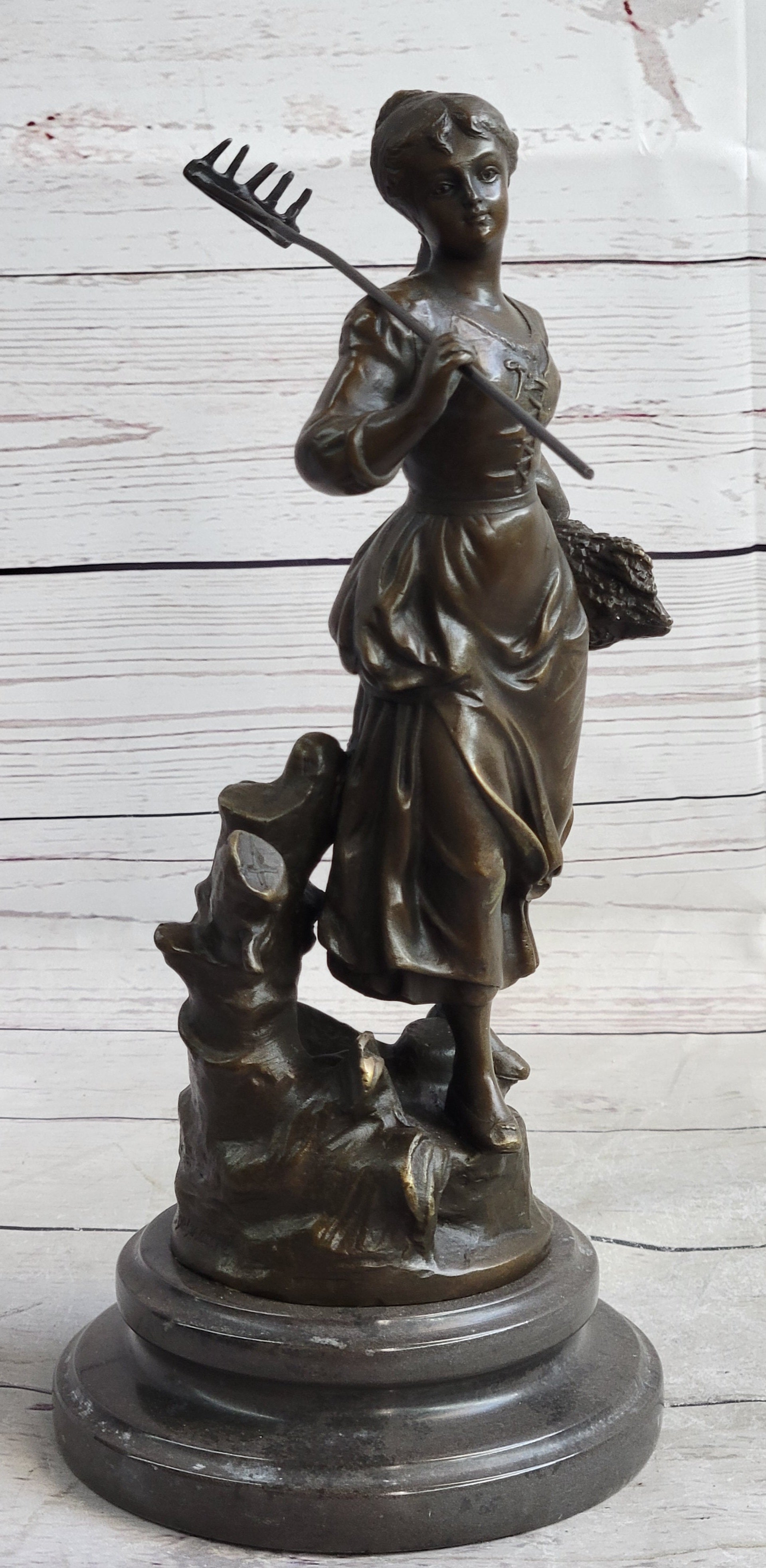 Peasant Farmer Girl w/ Rake & Harvest Bronze Sculpture 12" x 6"
