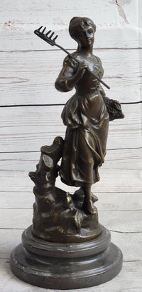 Peasant Farmer Girl w/ Rake & Harvest Bronze Sculpture 12" x 6"