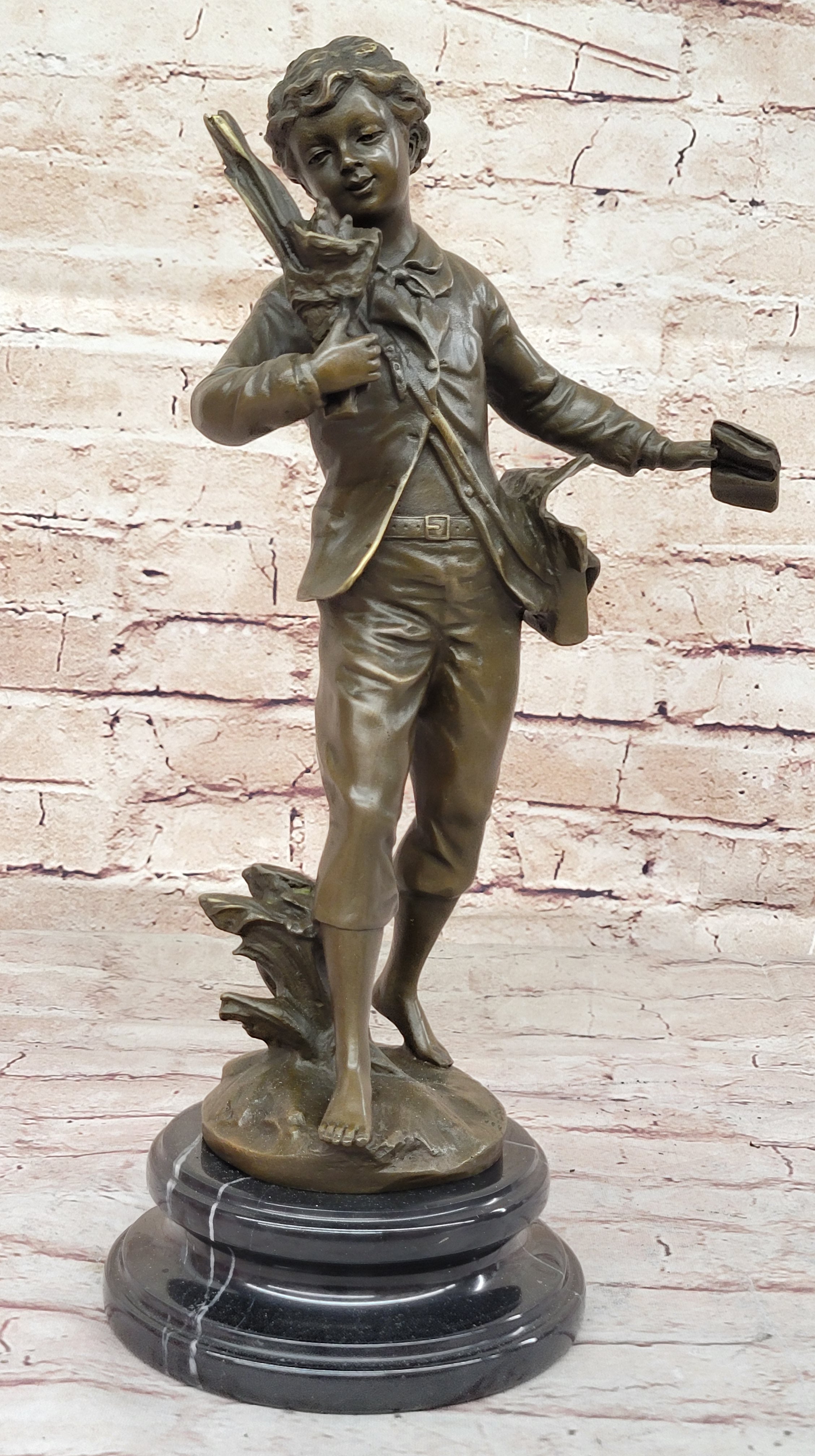 Young School Boy Carrying Supplies - 19th Century Reproduction Sculpture after Bruchon