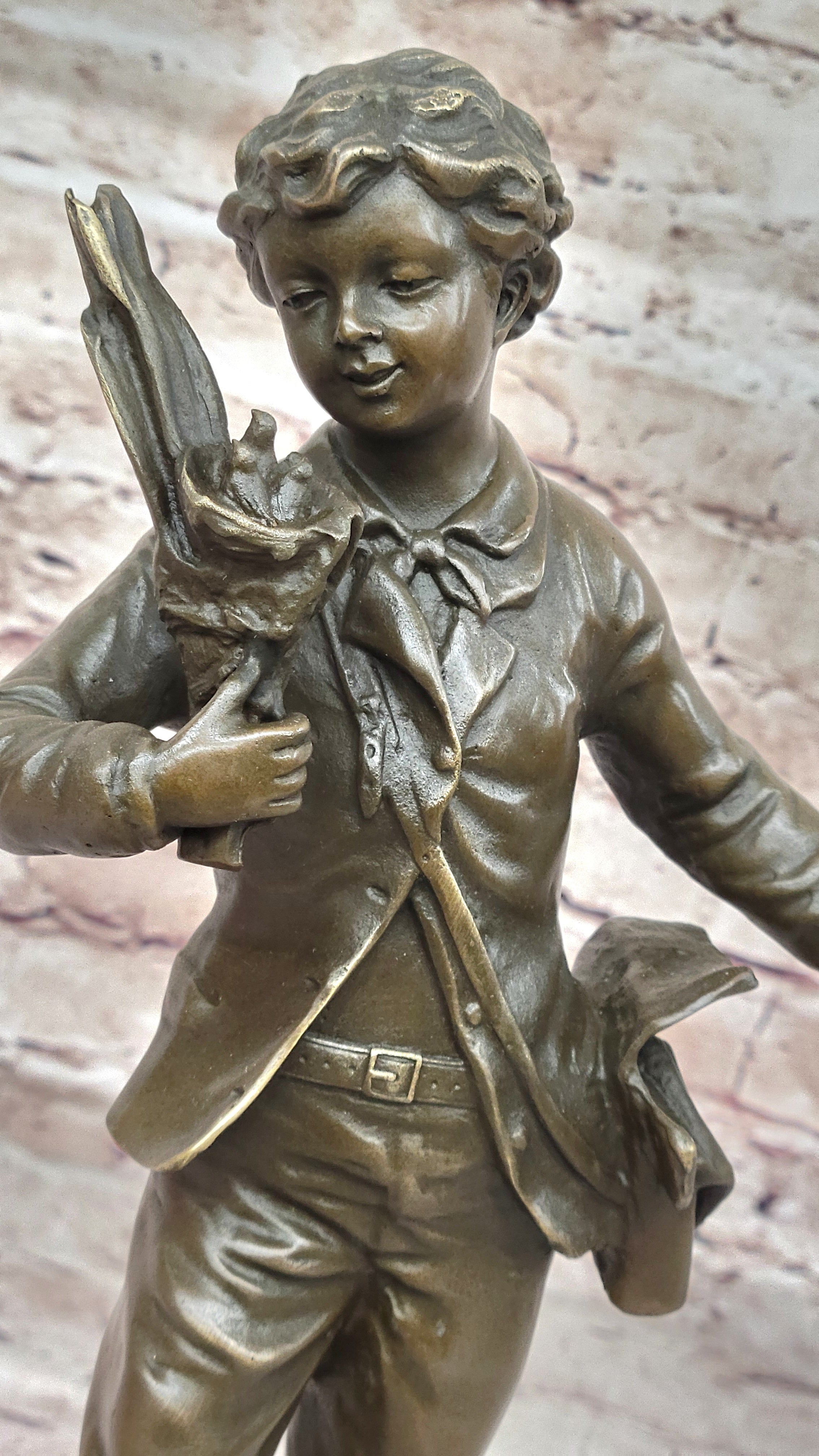 Young School Boy Carrying Supplies - 19th Century Reproduction Sculpture after Bruchon