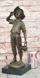 Genuine Bronze Sculpture Depicts a Young Boy Shouting with Water Jug Statue