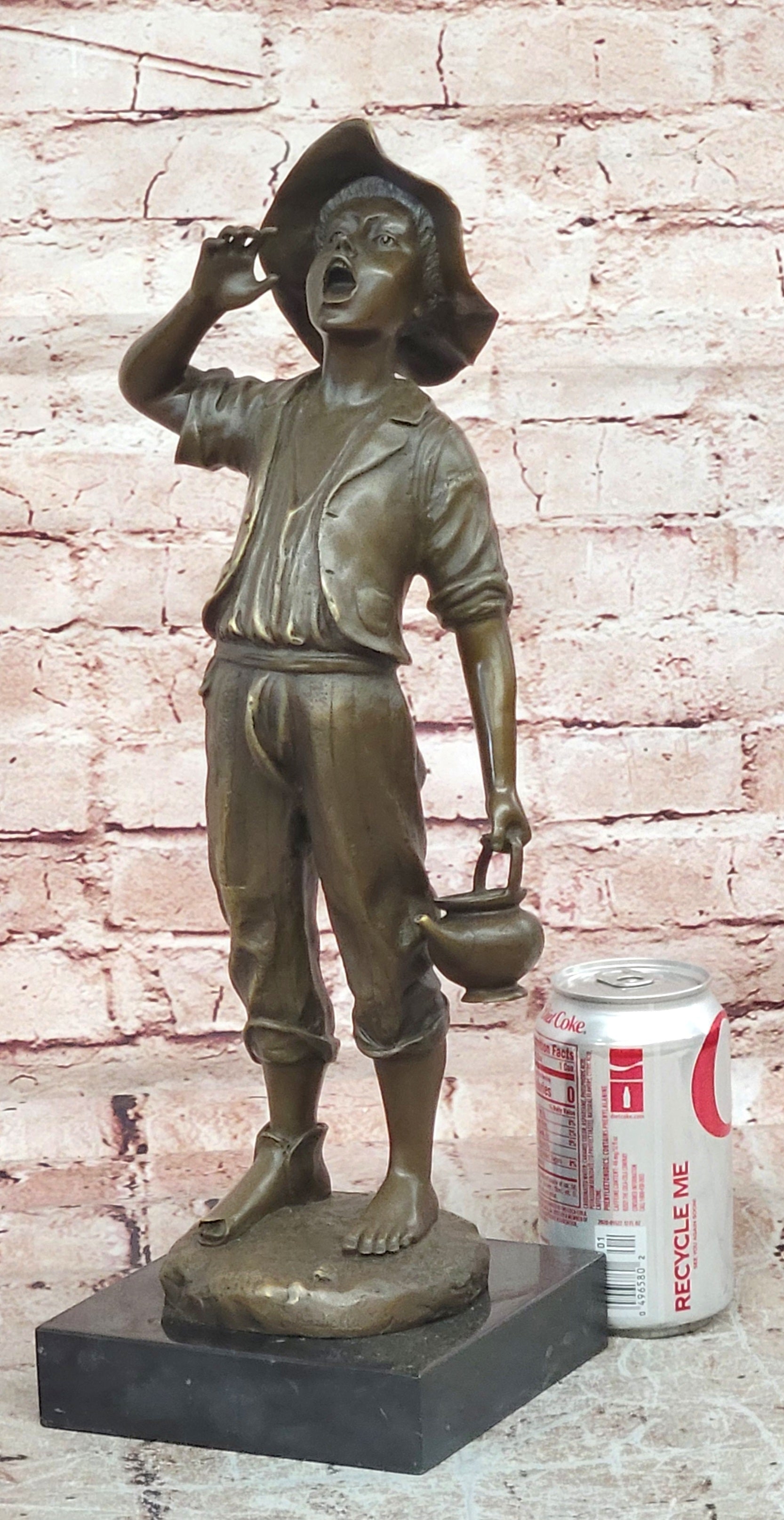 Genuine Bronze Sculpture Depicts a Young Boy Shouting with Water Jug Statue