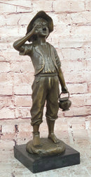 Genuine Bronze Sculpture Depicts a Young Boy Shouting with Water Jug Statue