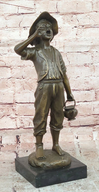 Genuine Bronze Sculpture Depicts a Young Boy Shouting with Water Jug Statue