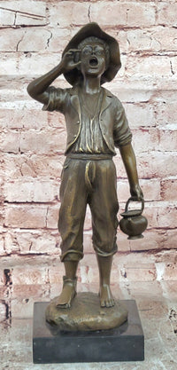 Genuine Bronze Sculpture Depicts a Young Boy Shouting with Water Jug Statue