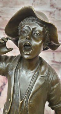 Genuine Bronze Sculpture Depicts a Young Boy Shouting with Water Jug Statue