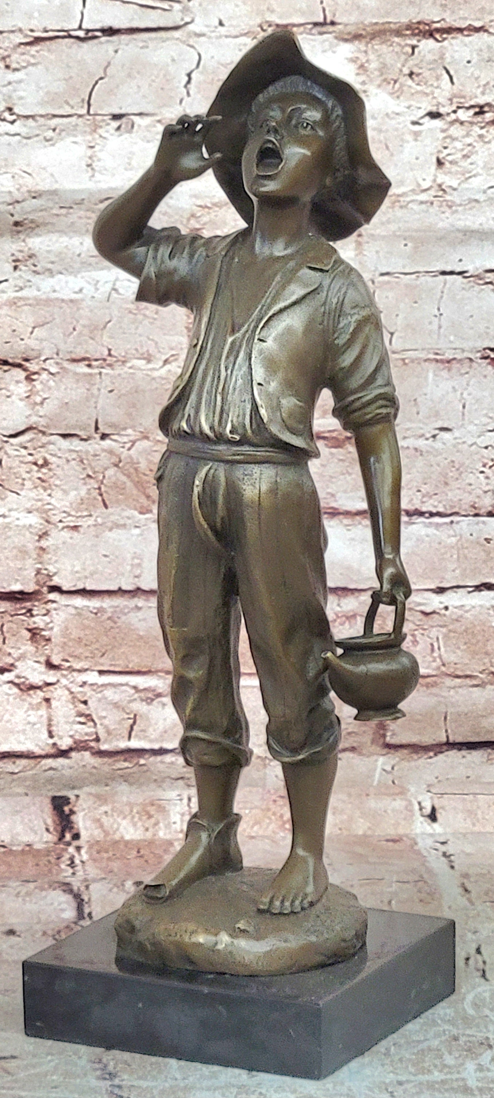 Genuine Bronze Sculpture Depicts a Young Boy Shouting with Water Jug Statue