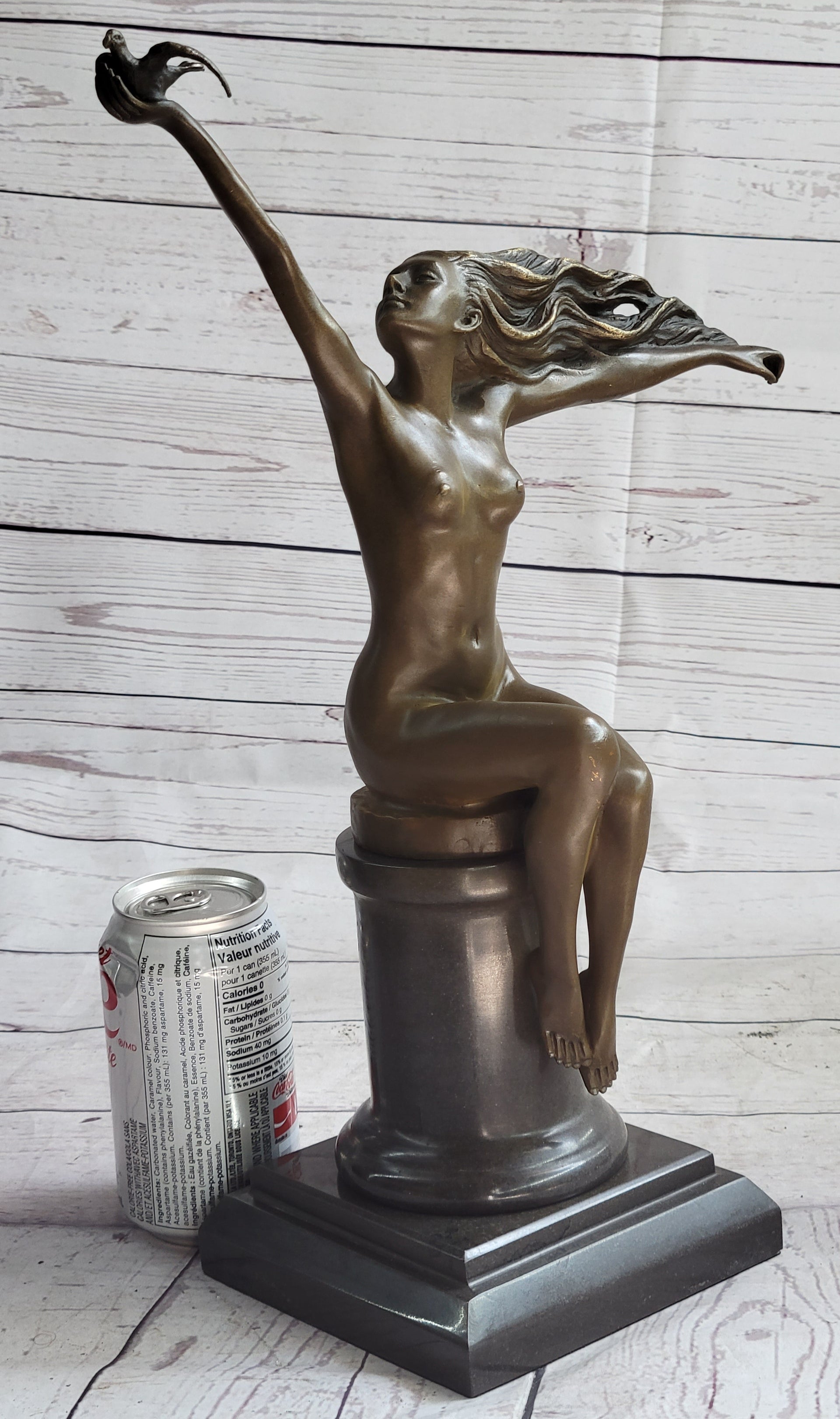 Nude Girl Seated on Pillar Holding Bird Pigeon Carrier Gennarelli Bronze Statue Sculpture