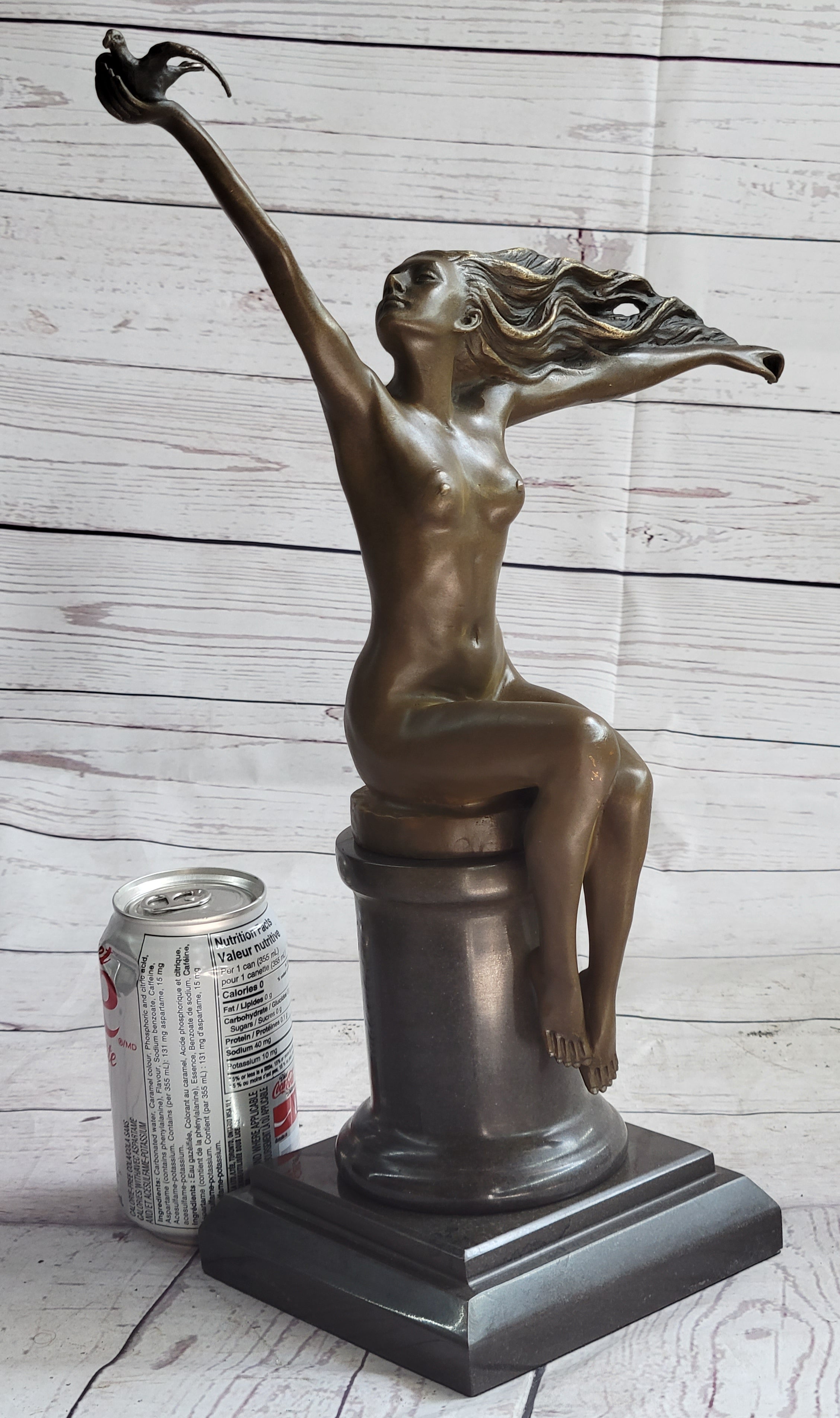 Nude Girl Seated on Pillar Holding Bird Pigeon Carrier Gennarelli Bronze Statue Sculpture