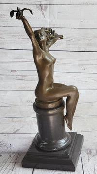 Nude Girl Seated on Pillar Holding Bird Pigeon Carrier Gennarelli Bronze Statue Sculpture