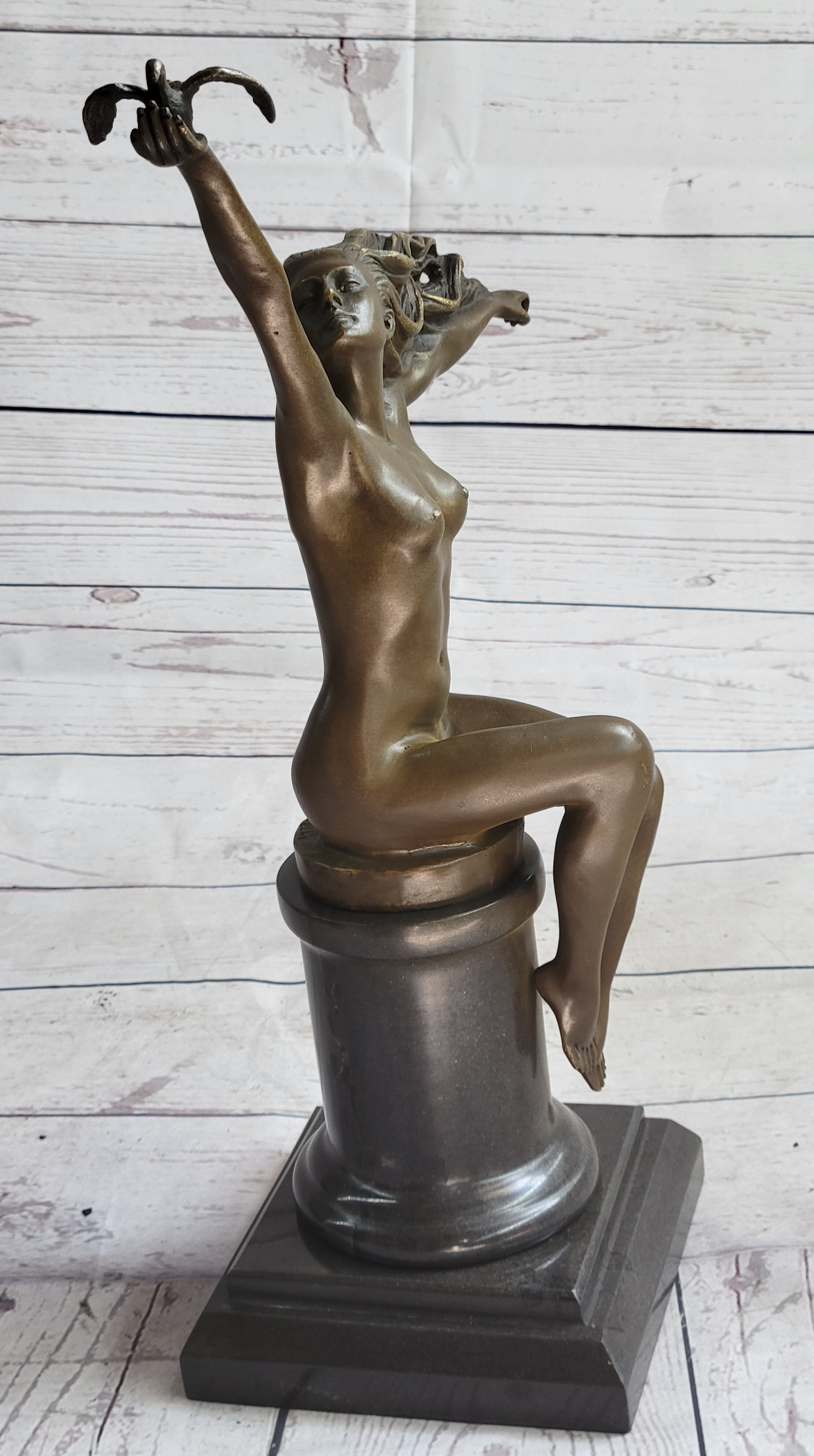 Nude Girl Seated on Pillar Holding Bird Pigeon Carrier Gennarelli Bronze Statue Sculpture