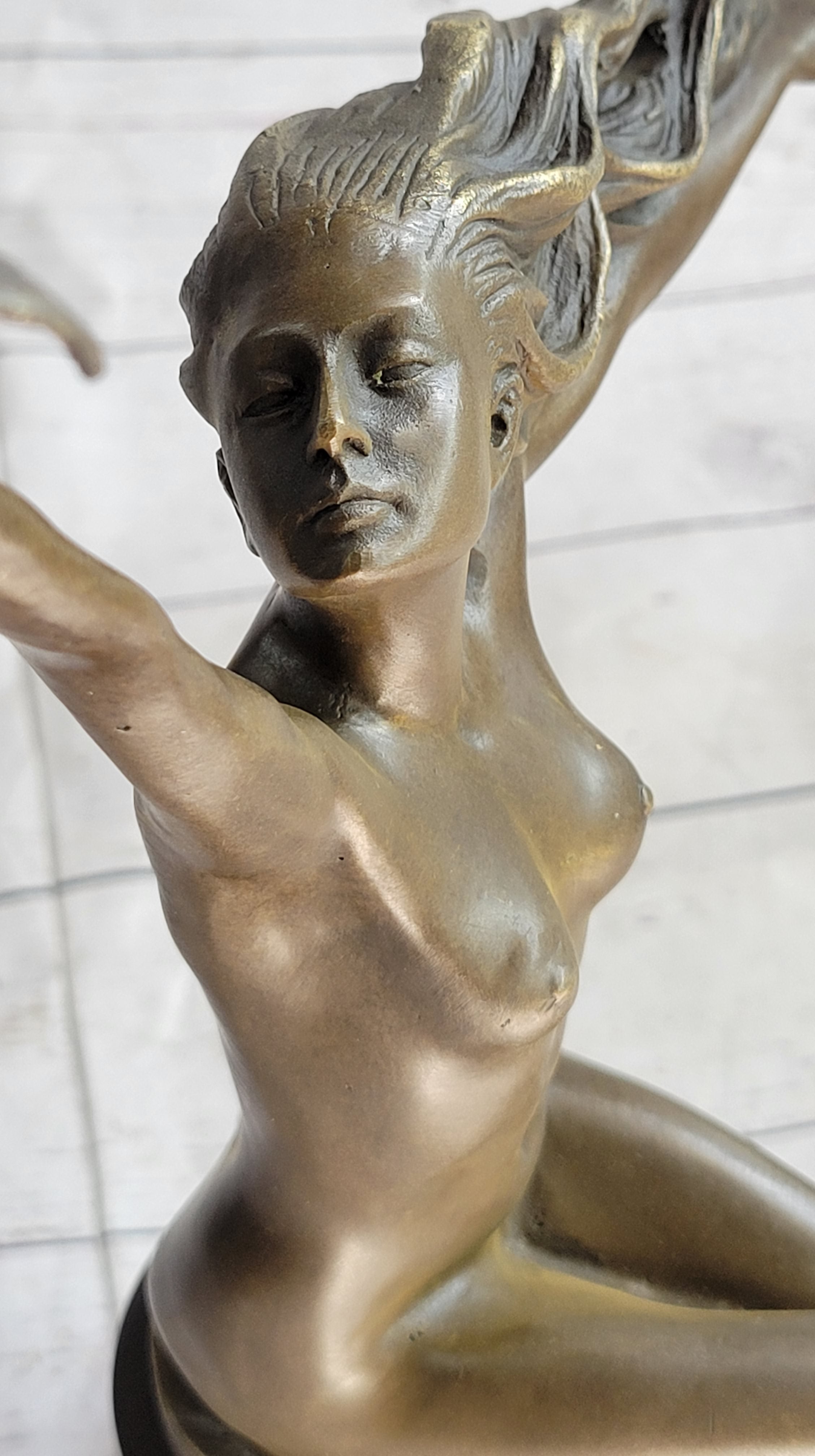 Nude Girl Seated on Pillar Holding Bird Pigeon Carrier Gennarelli Bronze Statue Sculpture