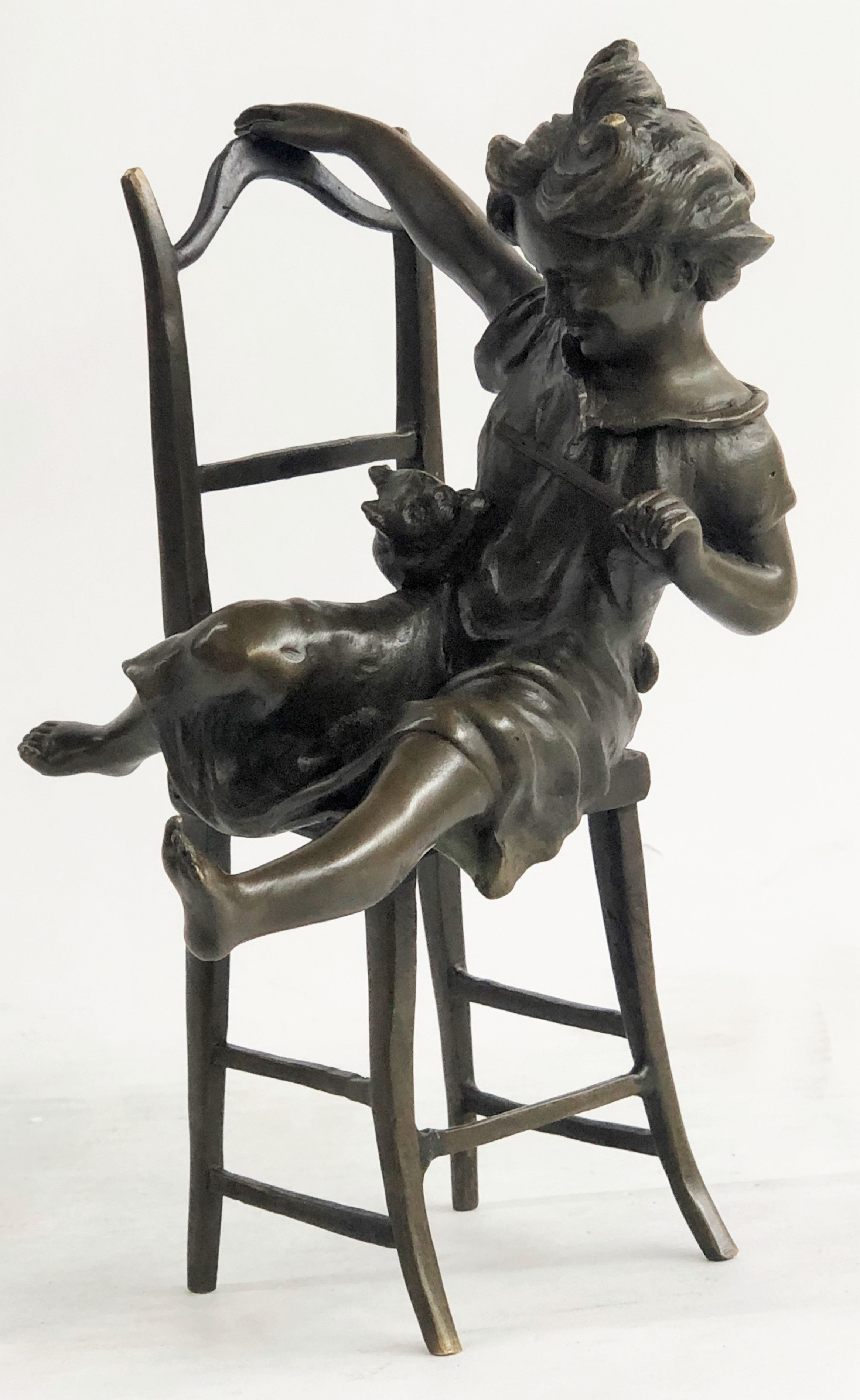 JOLIE CAT BEAUTIFUL CAT W/ LITTLE  KID BRONZE SCULPTURE HOT CAST FIGURINE FIGURE