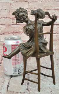 Handmade European Bronze Sculpture Signed Franz Iffland Girl Playing W/ CAT ART