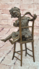 Handmade European Bronze Sculpture Signed Franz Iffland Girl Playing W/ CAT ART