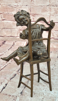 Handmade European Bronze Sculpture Signed Franz Iffland Girl Playing W/ CAT ART