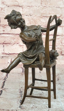 Handmade European Bronze Sculpture Signed Franz Iffland Girl Playing W/ CAT ART