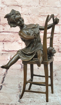Handmade European Bronze Sculpture Signed Franz Iffland Girl Playing W/ CAT ART