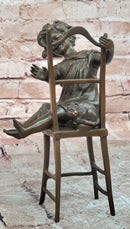 Handmade European Bronze Sculpture Signed Franz Iffland Girl Playing W/ CAT ART