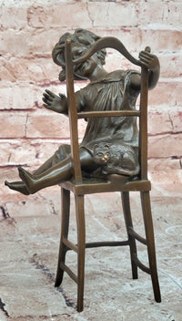 Handmade European Bronze Sculpture Signed Franz Iffland Girl Playing W/ CAT ART