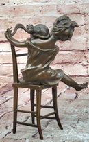 Handmade European Bronze Sculpture Signed Franz Iffland Girl Playing W/ CAT ART