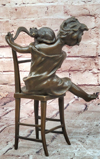 Handmade European Bronze Sculpture Signed Franz Iffland Girl Playing W/ CAT ART