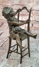Handmade European Bronze Sculpture Signed Franz Iffland Girl Playing W/ CAT ART