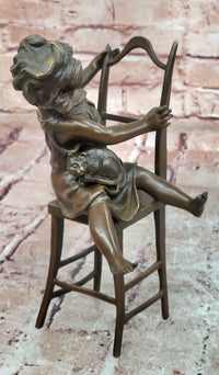 Handmade European Bronze Sculpture Signed Franz Iffland Girl Playing W/ CAT ART