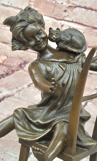 Handmade European Bronze Sculpture Signed Franz Iffland Girl Playing W/ CAT ART