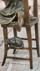 Handmade European Bronze Sculpture Signed Franz Iffland Girl Playing W/ CAT ART