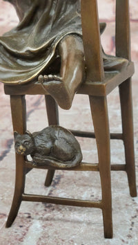 Handmade European Bronze Sculpture Signed Franz Iffland Girl Playing W/ CAT ART