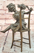 Handmade European Bronze Sculpture Signed Franz Iffland Girl Playing W/ CAT ART