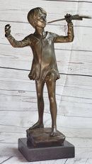 Young Boy Musician with Pan Flute Bronze Figure on Marble Base
