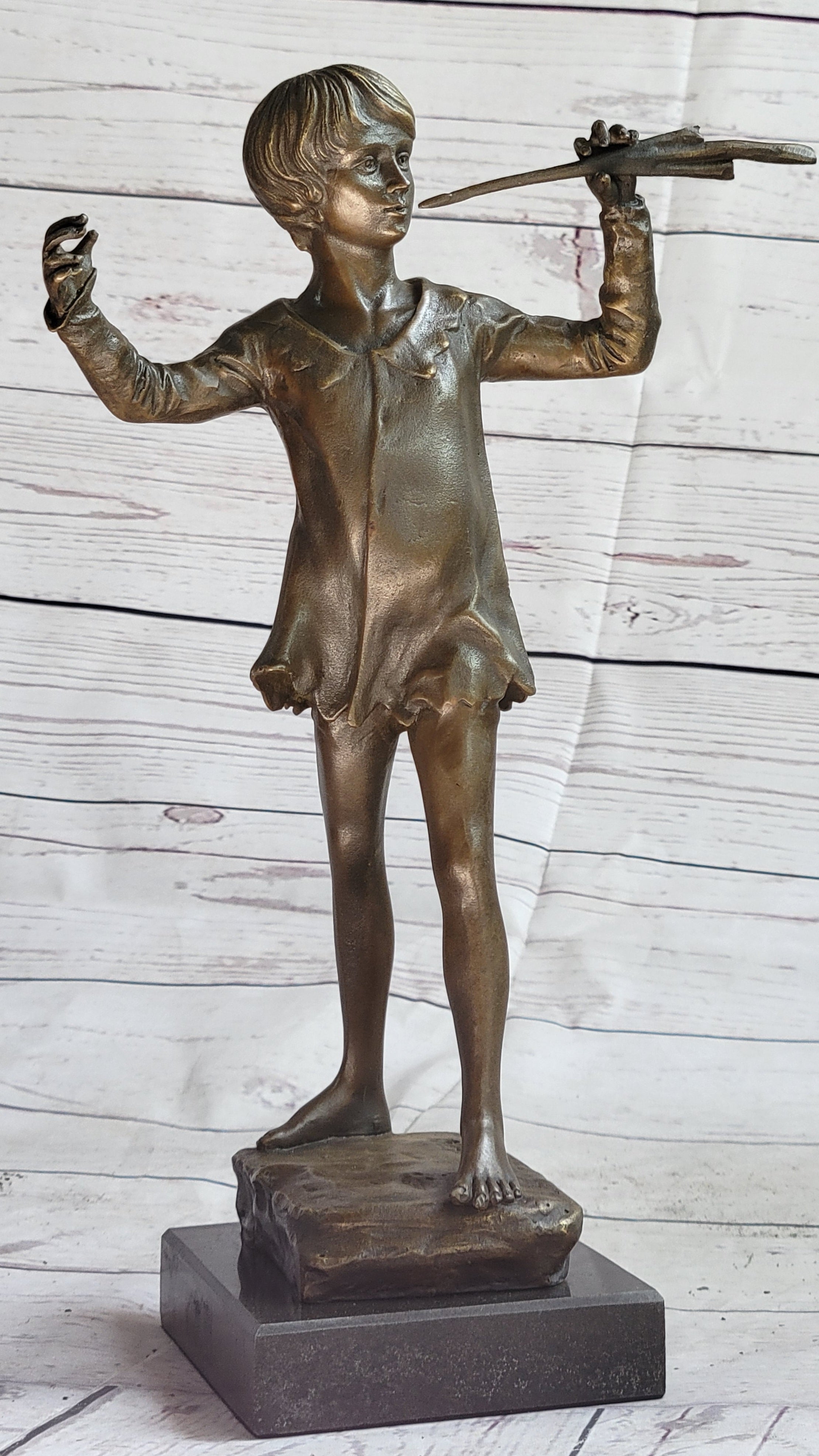 Young Boy Musician with Pan Flute Bronze Figure on Marble Base