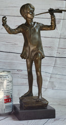Young Boy Musician with Pan Flute Bronze Figure on Marble Base