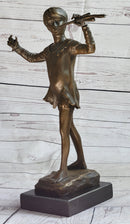 Young Boy Musician with Pan Flute Bronze Figure on Marble Base
