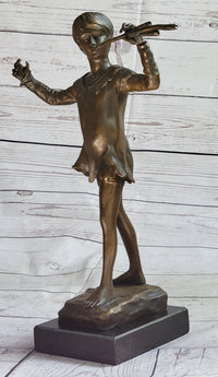 Young Boy Musician with Pan Flute Bronze Figure on Marble Base