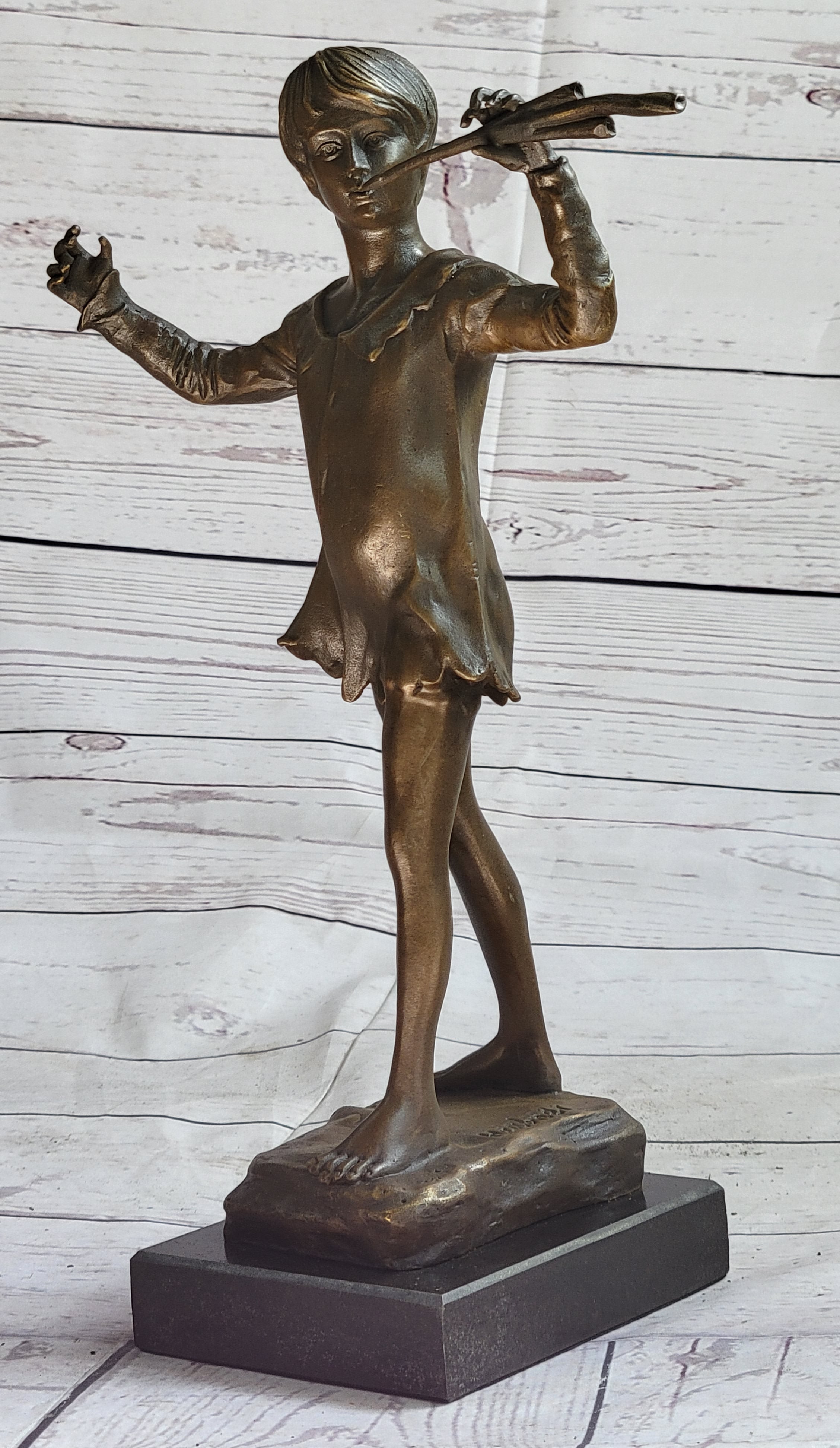 Young Boy Musician with Pan Flute Bronze Figure on Marble Base