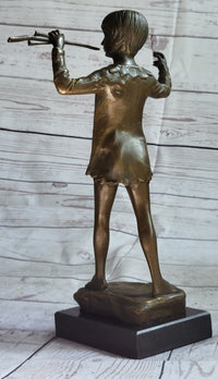 Young Boy Musician with Pan Flute Bronze Figure on Marble Base