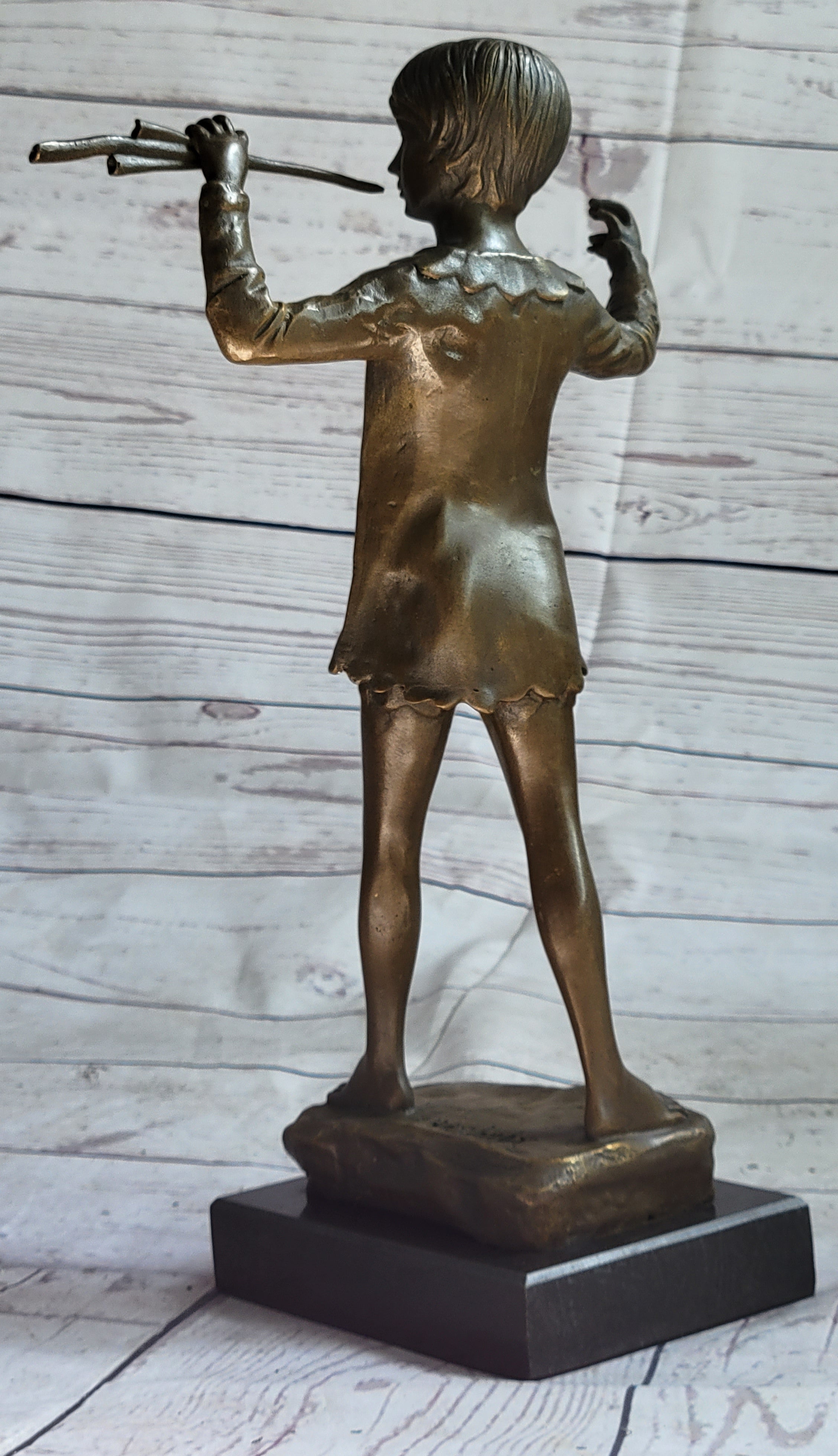 Young Boy Musician with Pan Flute Bronze Figure on Marble Base
