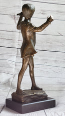 Young Boy Musician with Pan Flute Bronze Figure on Marble Base
