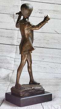 Young Boy Musician with Pan Flute Bronze Figure on Marble Base