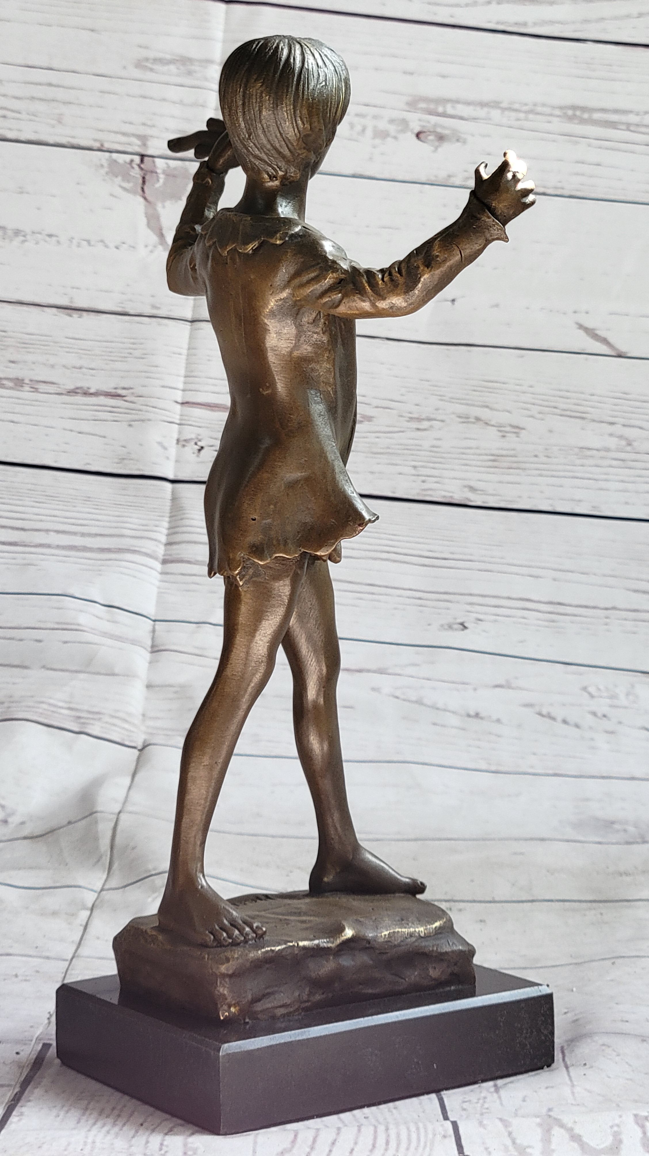Young Boy Musician with Pan Flute Bronze Figure on Marble Base