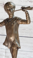 Young Boy Musician with Pan Flute Bronze Figure on Marble Base