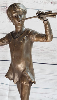 Young Boy Musician with Pan Flute Bronze Figure on Marble Base