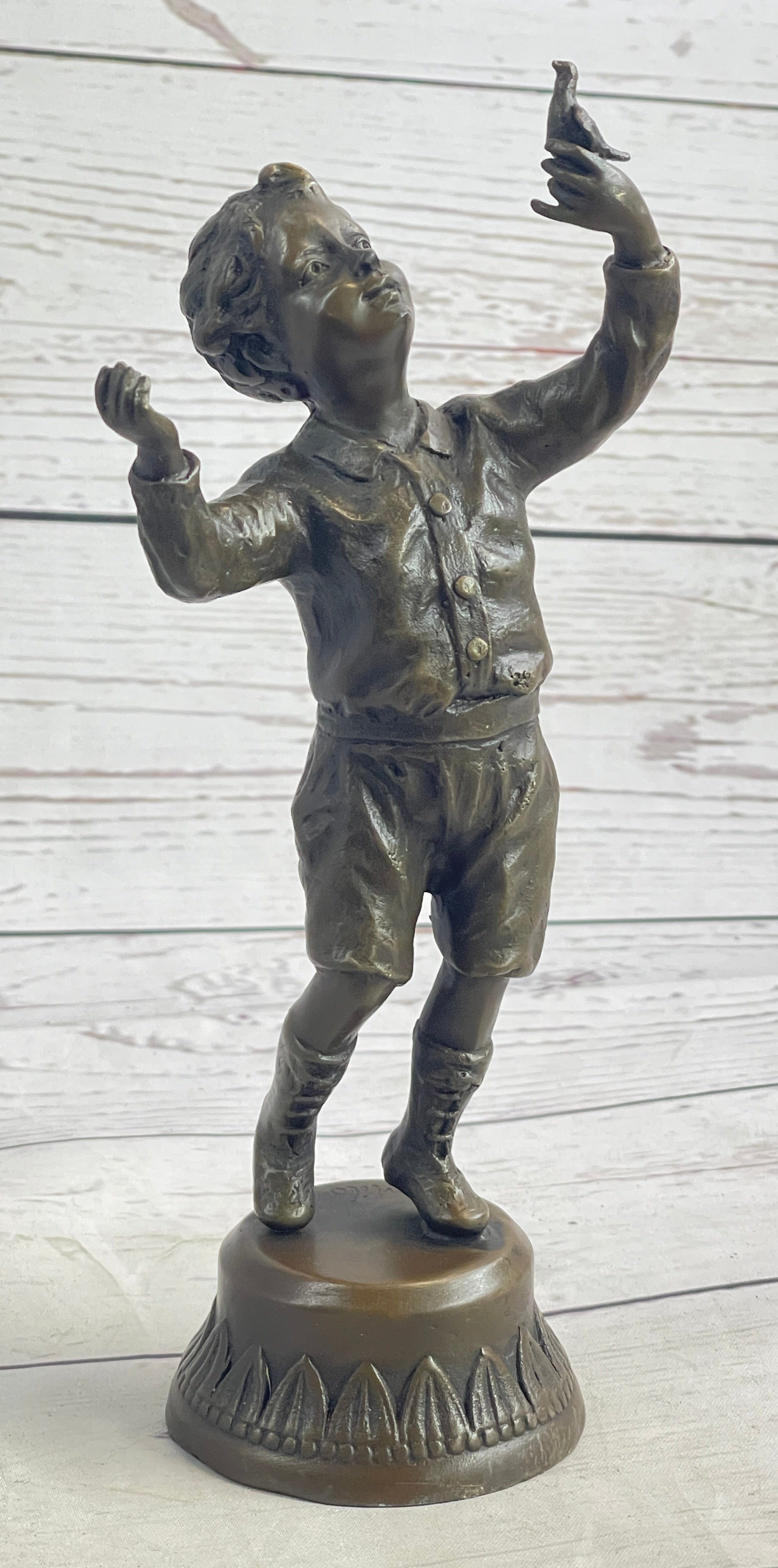 Bronze Sculpture of Child Holding Bird - Signed Milo Art