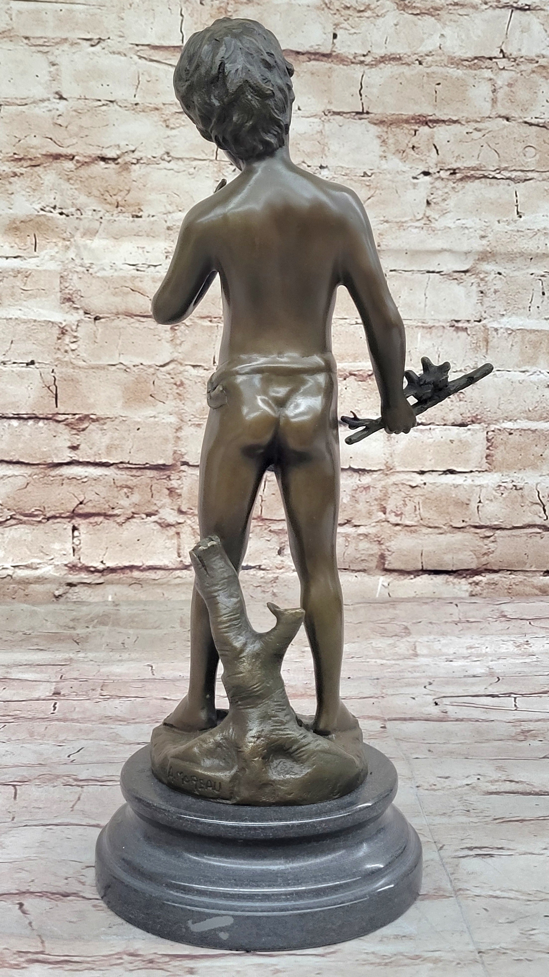 Little Boy Holding Stick with Birds - Bronze by Auguste Moreau